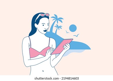 Illustrations of Beautiful digital nomad woman enjoy working with laptop on the beach design concept