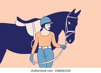 Illustrations Of Beautiful Equestrian Woman Wearing Helmet Stroking To Her Horse At Ranch