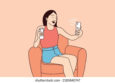Illustrations of Beautiful Female vlogger endorsed products with phone at home influencer