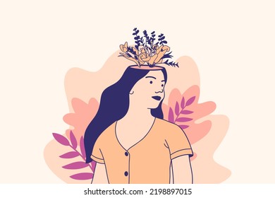 Illustrations beautiful flower inside female head for world mental health day design concept