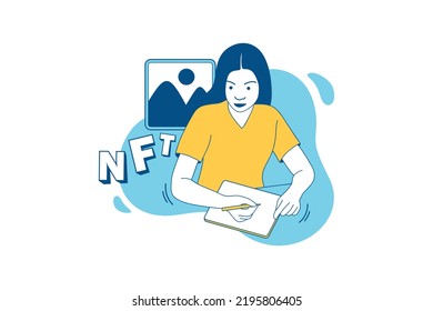 Illustrations of Beautiful NFT creator drawing NFT art with a tablet design concept