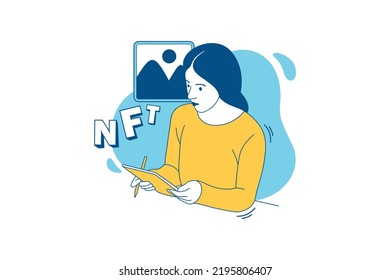 Illustrations of Beautiful NFT creator drawing NFT art with a tablet design concept