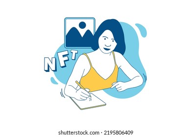 Illustrations of Beautiful NFT creator drawing NFT art with a tablet design concept