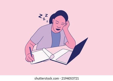 Illustrations Of Beautiful Tired Business Woman Fall Asleep On Desk With Laptop And Book