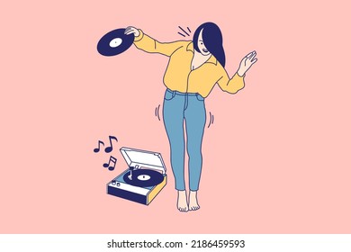 Ilustraciones de una mujer hermosa bailando música en un reproductor de discos y sosteniendo vinilo