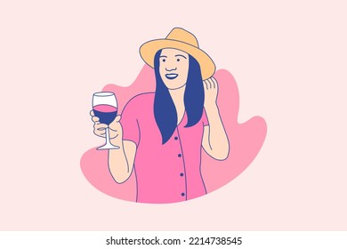 Illustrations beautiful woman enjoy holding merlot wine for International Merlot Day Design concept