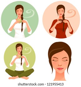 illustrations of a beautiful woman enjoying hot tea or coffee. Young woman with closed eyes smelling and drinking hot beverage.