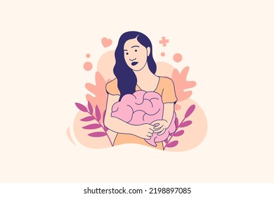 Illustrations beautiful woman hugs her brain for world mental health day design concept