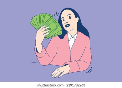 Illustrations of Beautiful Young girl excited with money banknotes income 