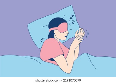 Illustrations of Beautiful Young girl with sleep mask taking a nap in the bed