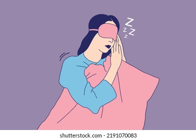 Illustrations of Beautiful Young girl with sleep mask lying on bed in the night