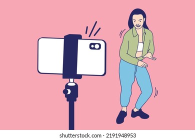 Illustrations of Beautiful Young influencer woman enjoy recording dancing video with smartphone for challenge