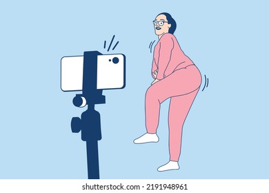 Illustrations of Beautiful Young influencer woman enjoy recording dancing video with smartphone for challenge