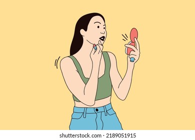 Illustrations Beautiful young woman apply red lipstick