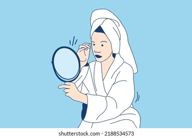 Illustrations Beautiful young woman in bathrobe look at mirror applying cream on face as daily routine 