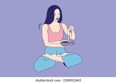 Ilustraciones Hermosa joven haciendo meditación y jugando un tazón de canto tibetano