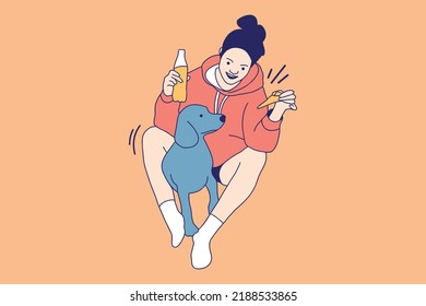 Illustrations Beautiful young woman drinking sweet soda and eating junk food in bed with her dog