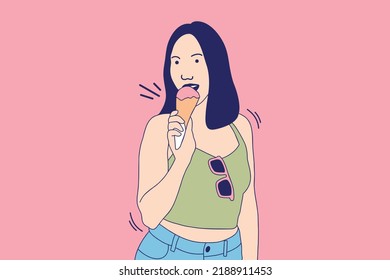 Illustrations Beautiful young woman eating strawberry ice cream at summer