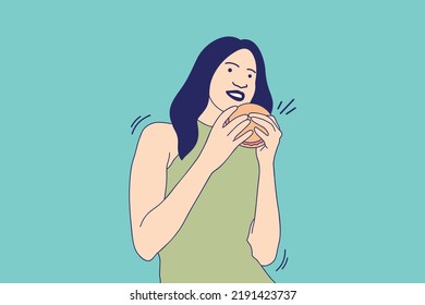 Illustrations Beautiful young woman happy eating chesee burger 