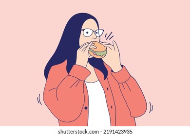 Illustrations Beautiful young woman happy eating chesee burger