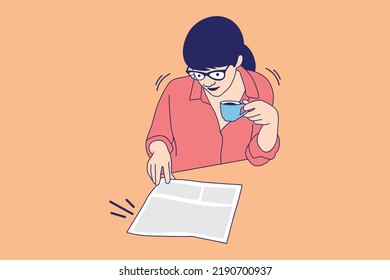 Illustrations of Beautiful young woman reading a newspaper with holding a cup coffee