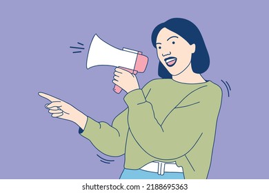 Illustrations Beautiful young woman shouting into megaphone making announcement