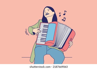 Illustrations of Beautiful Young woman sings and playing accordion 