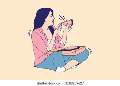 Illustrations Beautiful young woman sit on a floor and eats pizza
