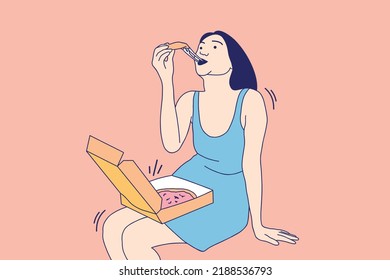 Illustrations Beautiful young woman sitting and eating cheese pizza