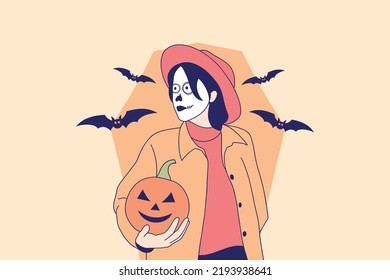 Illustrations of Beautiful young woman with skull makeup holding pumpkin jack o lantern for halloween carnival concept
