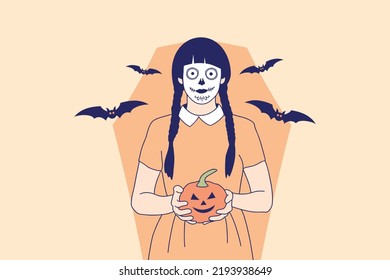 Illustrations of Beautiful young woman with skull makeup holding pumpkin jack o lantern for halloween carnival concept
