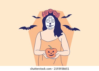 Illustrations of Beautiful young woman with skull makeup holding pumpkin jack o lantern for halloween carnival concept
