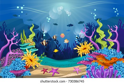 illustrations of the beauty of marine life. fish, algae and coral reefs are beautiful and colorful