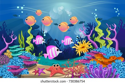 illustrations of the beauty of marine life. fish, algae and coral reefs are beautiful and colorful