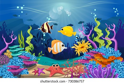 illustrations of the beauty of marine life. fish, algae and coral reefs are beautiful and colorful