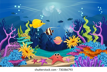 illustrations of the beauty of marine life. fish, algae and coral reefs are beautiful and colorful