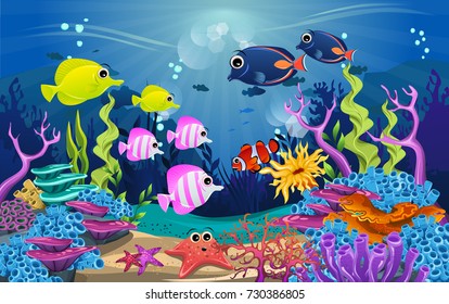 illustrations of the beauty of marine life. fish, algae and coral reefs are beautiful and colorful