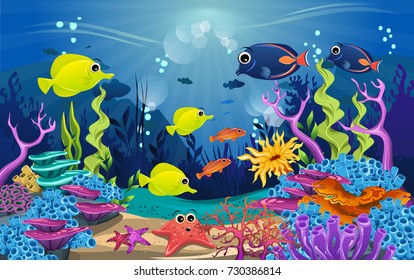 illustrations of the beauty of marine life. fish, algae and coral reefs are beautiful and colorful