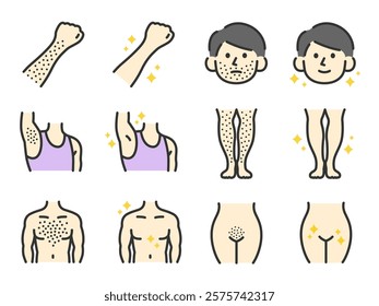 Illustrations of before and after icons (line drawing color) of various parts of hair removal.