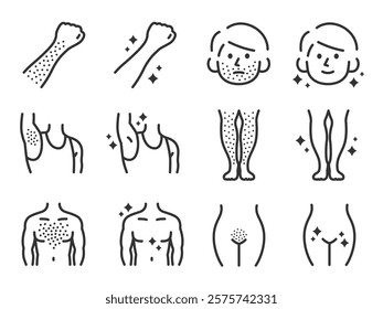 Illustrations of before and after icons (line drawings) of hair removal for various parts.