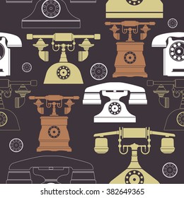Illustrations of a big selection of old telephones with dark outline and pastel background colors. Template can be used for design fabric and more creative ideas.