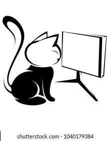 Ilustraciones del logotipo negro de la acción del gato en el fondo blanco, Vector de los animales de un icono lindo aislado del gato