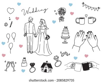 Illustrations of black and white, monotone, and line drawings.Weddings, couples, invitations, rings, happiness.