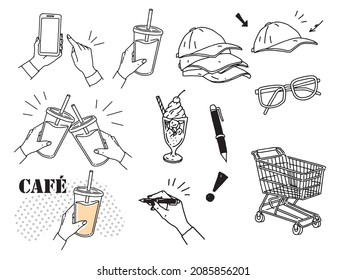 Illustrations of black and white, monotone, and line drawings.Handwritten, melon soda, cafe, cap, coffee, shopping.