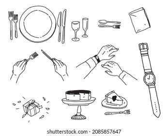 Illustrations of black and white, monotone, and line drawings.Manners, dishes, plates, cakes.