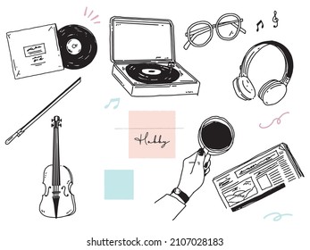 Illustrations of black and white, monotone, and line drawings.Handwritten, stylish, magazines, bags, people.