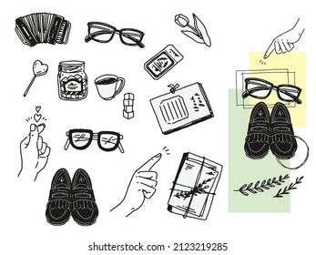 Illustrations of black and white, monotone, and line drawings.Handwritten, stylish, finger heart, magazine, cafe, fashion, sunglasses, shoes.