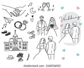  Illustrations of black and white, monotone, and line drawings.Weddings, couples, invitations, rings, happiness.