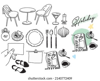  Illustrations of black and white, monotone, and line drawings.Handwriting, fashion, fashion, cute, interior decoration, tableware.