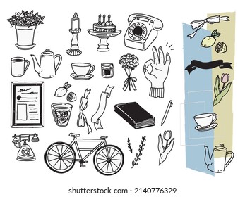 Illustrations of black and white, monotone, and line drawings.Handwriting, fashion, fashion, cute, interior, retro.